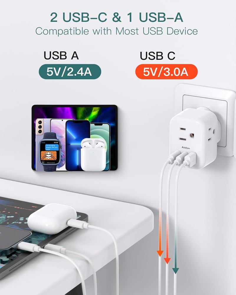 Addtam US to UK Plug Adapter 3 Pack, Type G Travel Plug with 3 Outlets 3 USB Ports(2 USB C), UK Power Adaptor for USA to England London British Ireland Scotland Dubai Hong Kong Kenya - Image 4